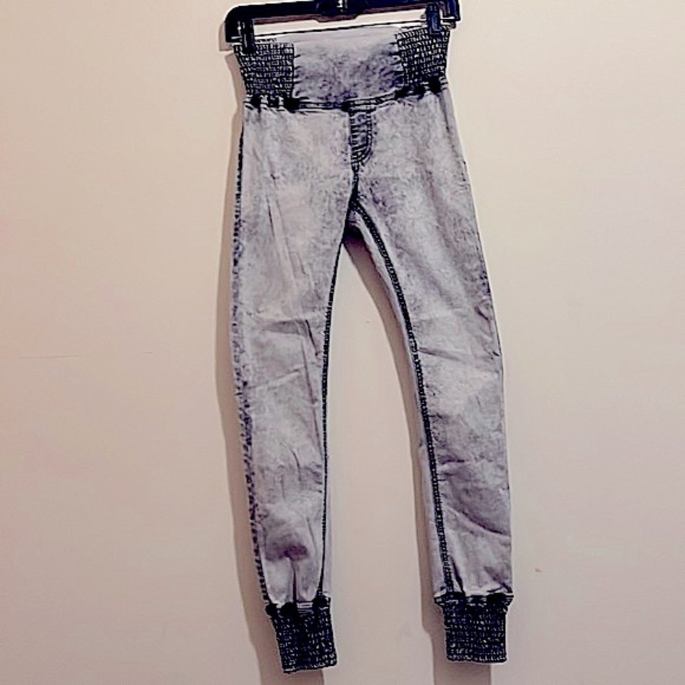 Grey & Black Acid Wash High Rise Roma Collection Smocked Joggers